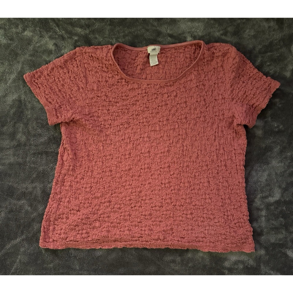 J Jill Stretch Shirt Ruffled Mauve Short Sleeve USA‎ Made Womens Round Neck